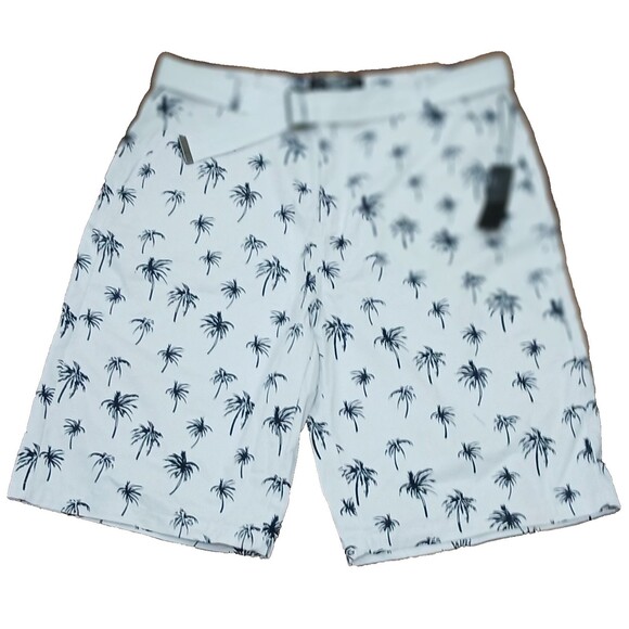NWT Defect Brooklyn Xpress Men’s 40 Shorts Palm Tree Print White Black Belted - Picture 1 of 8